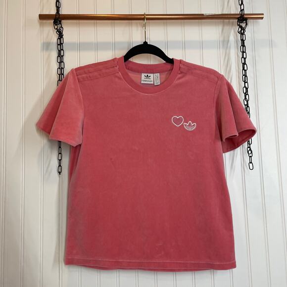 ADIDAS Originals Pink Bellista Velour Cotton Blend Flutter Sleeve Tee Size S - Picture 1 of 6